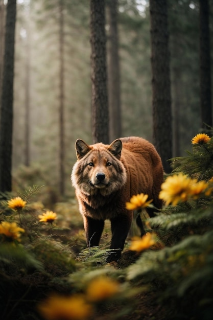 Un majestuoso oso marrón paseando por un vibrante bosque de flores amarillas