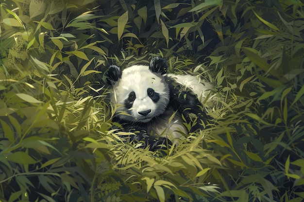 Un majestuoso oso panda se sienta con gracia en medio del vibrante follaje verde de un exuberante bosque que irradia paz y serenidad