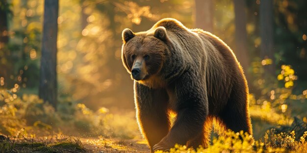 El majestuoso oso pardo en el bosque iluminado por el sol al amanecer