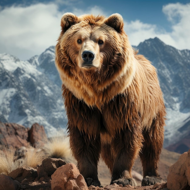 El majestuoso oso pardo en el telón de fondo de la montaña