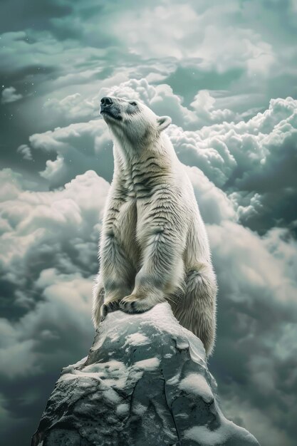 Foto el majestuoso oso polar de pie en un acantilado nevado con un fondo dramático de cielo nublado en el desierto ártico