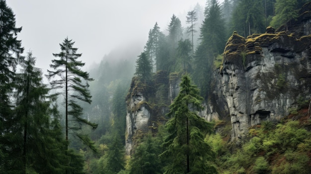 Un majestuoso paisaje de acantilados con árboles de hoja caduca en un clima lluvioso