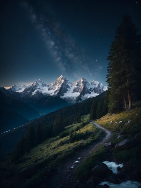 Un majestuoso paisaje de cielo nocturno lleno de estrellas, montañas nevadas y frondosos árboles iluminados por