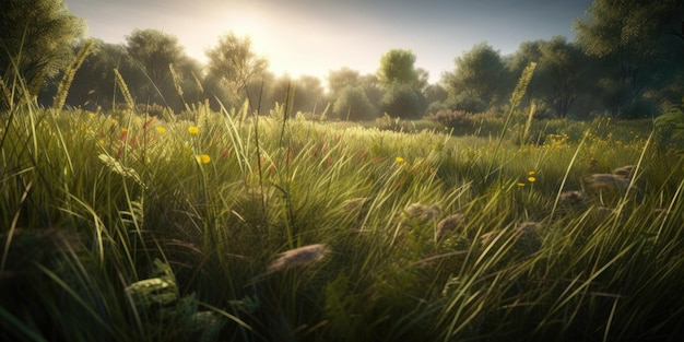 Majestuoso paisaje de un exuberante prado verde con iluminación cinematográfica