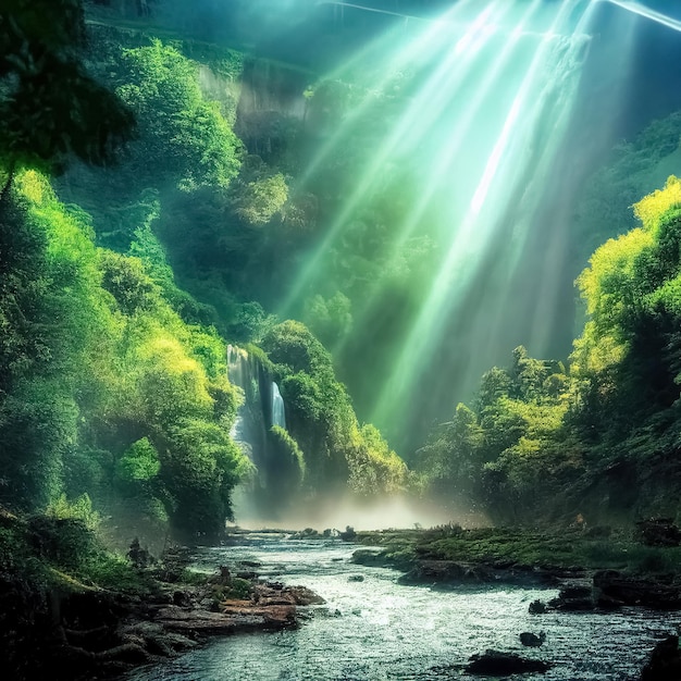 Majestuoso paisaje de fantasía mágica con montañas río cascada rayos de sol ilustración 3D