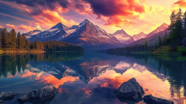 Foto un majestuoso paisaje montañoso al atardecer con cimas nevadas resplandecientes