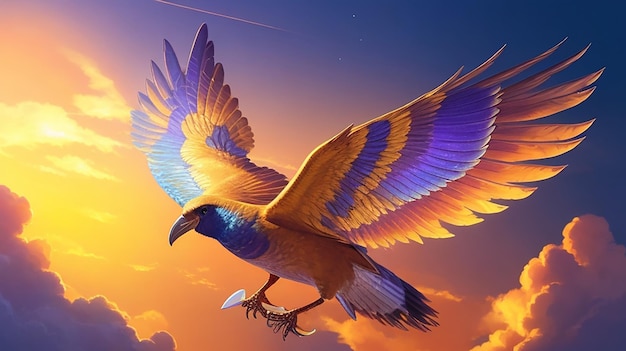 Un majestuoso pájaro de alas doradas que se eleva a través de un cielo technicolor, sus plumas irradian un brillo