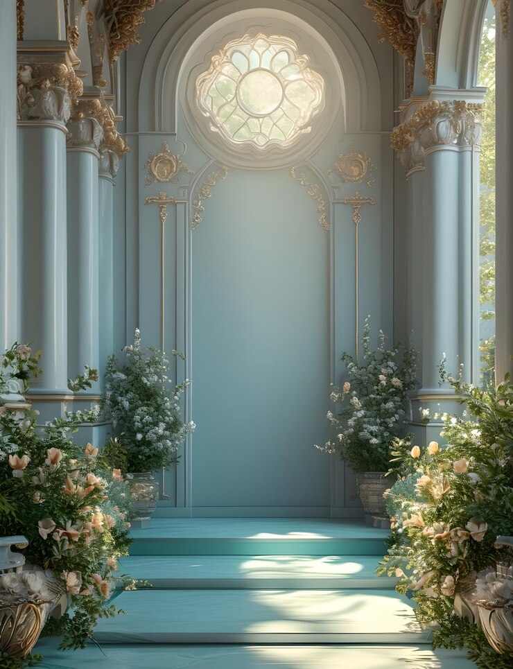 El majestuoso pasillo azul de la Catedral con acentos dorados y arreglos florales perfecto para bodas o