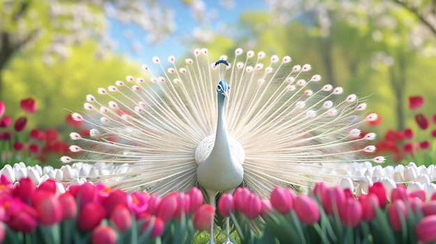 Un majestuoso pavo real blanco se encuentra orgulloso en un campo de vibrantes tulipanes rosados