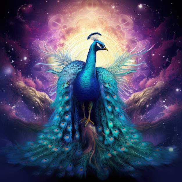 un majestuoso pavo real de colores brillantes con alas de ángel abiertas IA generativa