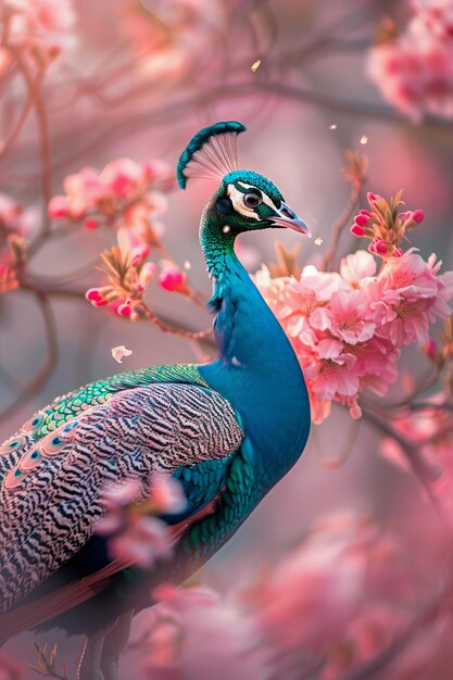 El majestuoso pavo real exhibe su brillante plumaje entre las flores rosadas en un entorno de fantasía soñadora