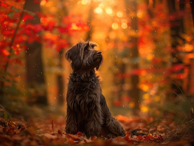 El majestuoso perro Briard se sienta pacíficamente en un bosque exuberante