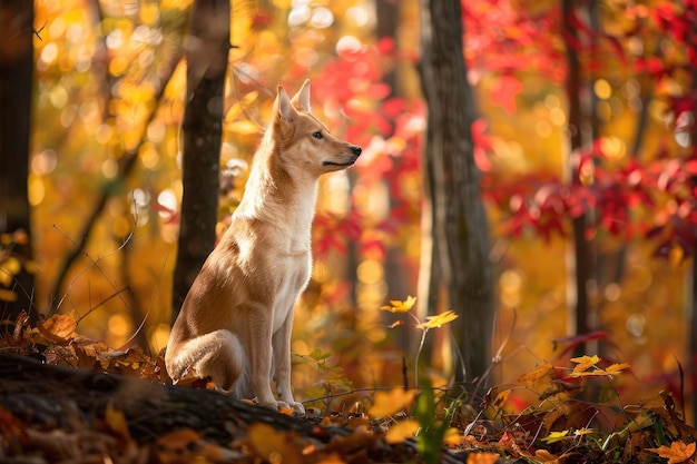 El majestuoso perro de Canaán se sienta con gracia en un bosque exuberante