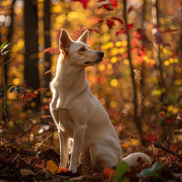 El majestuoso perro de Canaán se sienta tranquilamente en un bosque exuberante