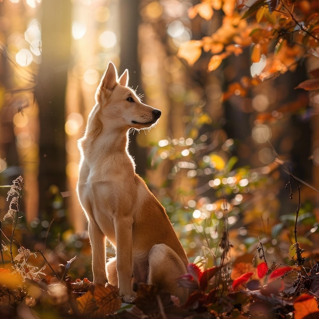 El majestuoso perro cananeo sentado con gracia en un denso bosque