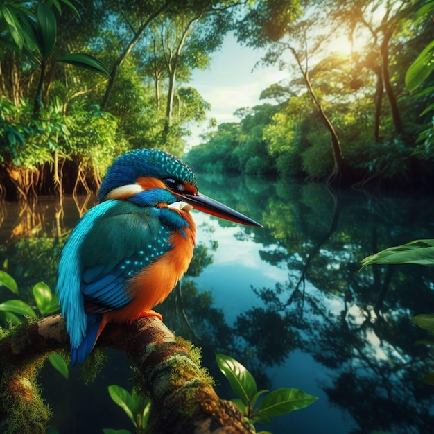 Foto un majestuoso pescador rey encaramado en un