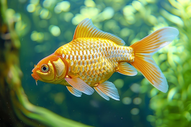 Un majestuoso pez dorado con una corona distintiva como la aleta de la cola