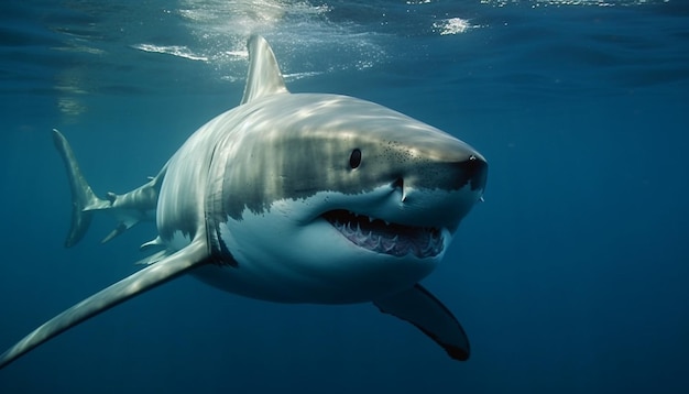 Majestuoso pez gigante con dientes peligrosos nadando bajo el agua generado por IA