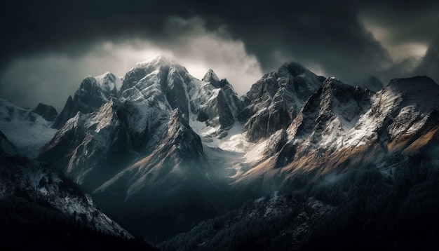 El majestuoso pico de la montaña atraviesa el tranquilo cielo otoñal generado por IA