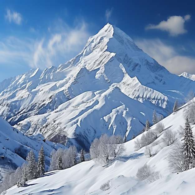 Un majestuoso pico de montaña cubierto de nieve que se eleva sobre un paisaje nevado