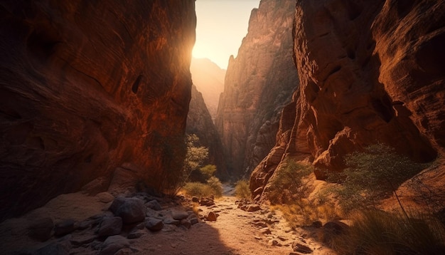 Majestuoso pico de montaña erosionado escena tranquila de piedra generada por IA