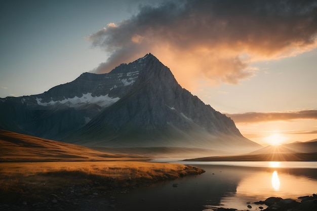 El majestuoso pico de la montaña iluminado por la puesta de sol cerca del lago