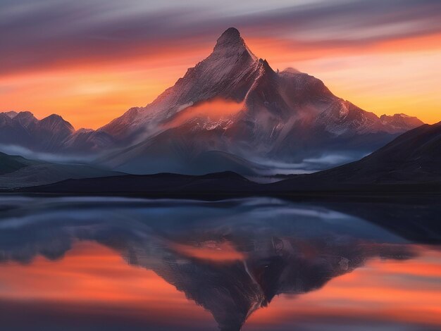 El majestuoso pico de la montaña refleja la puesta de sol creando un paisaje panorámico tranquilo