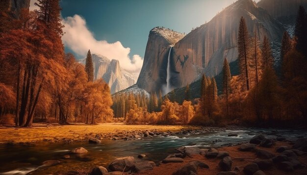 Foto el majestuoso pico de la montaña refleja la tranquila belleza otoñal generada por ia