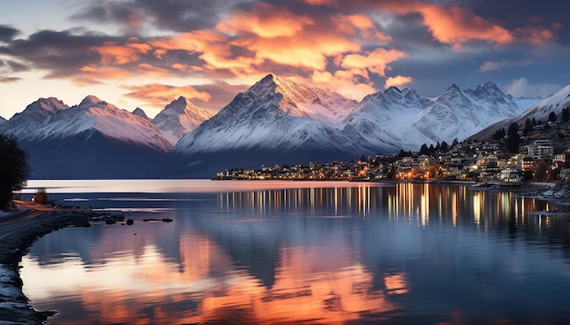 El majestuoso pico de la montaña refleja el tranquilo anochecer iluminando la belleza de la naturaleza generada por la IA