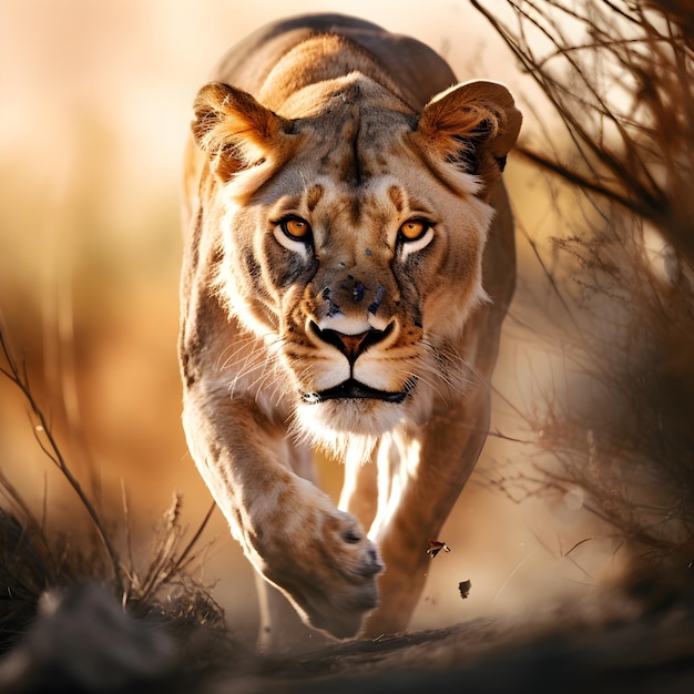 Majestuoso retrato de primer plano de leona con intensa mirada a la cámara
