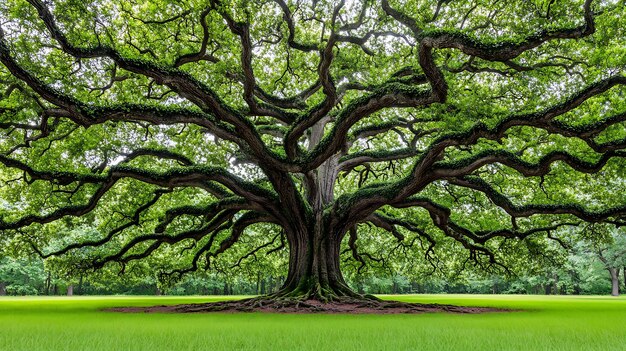 Un majestuoso roble se alza en un campo verde exuberante sus ramas extendidas se extienden como brazos
