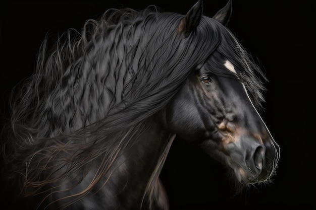 Majestuoso semental negro con melena fluida Retrato de caballo AI