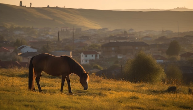 Majestuoso semental pasta en un tranquilo prado al amanecer generado por IA