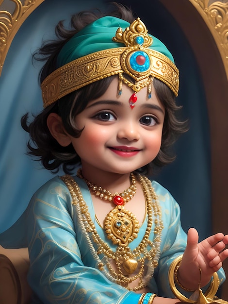 Un majestuoso señor bebé Krishna linda sonrisa cara retrato de medio cuerpo tono de piel azul claro