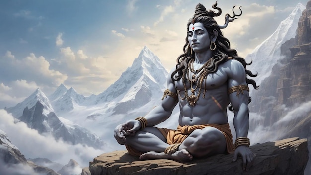 Un majestuoso Señor Shiva se alza sobre los picos nevados del Himalaya, su fiel toro Nandi
