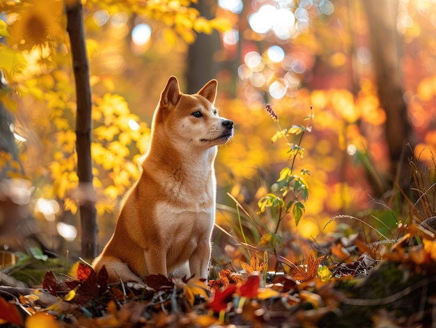 El majestuoso Shiba Inu sentado serenamente en medio de un exuberante paisaje forestal