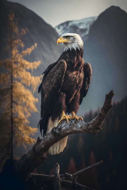 Majestuoso símbolo de águila de libertad y fuerza en un pintoresco paisaje montañoso con cielo azul claro