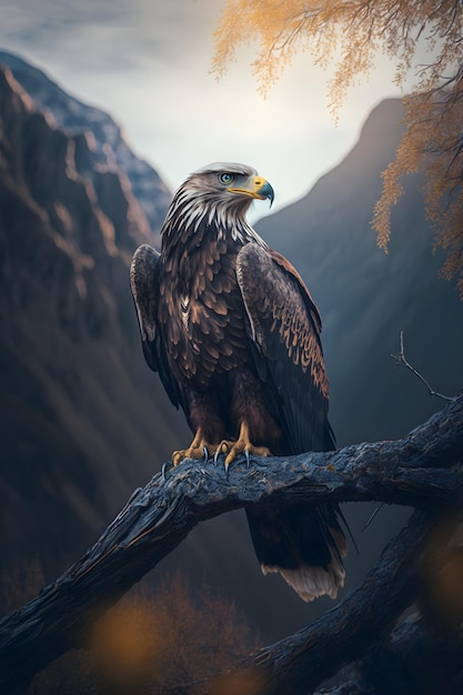 Majestuoso símbolo de águila de libertad y fuerza en un pintoresco paisaje montañoso con cielo azul claro