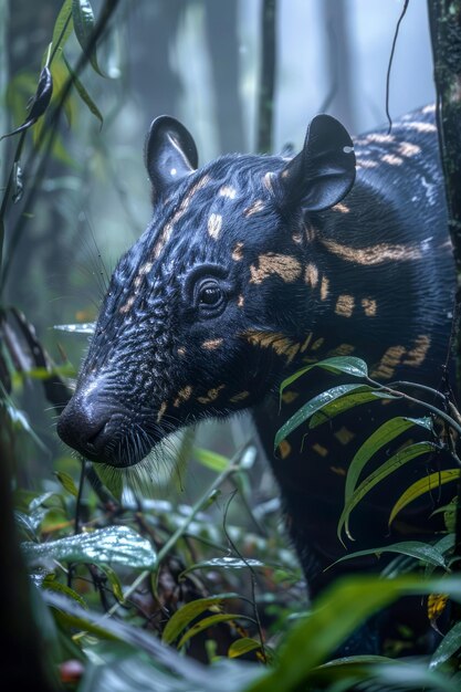 El majestuoso tapir adulto emerge de la bruma de la selva tropical