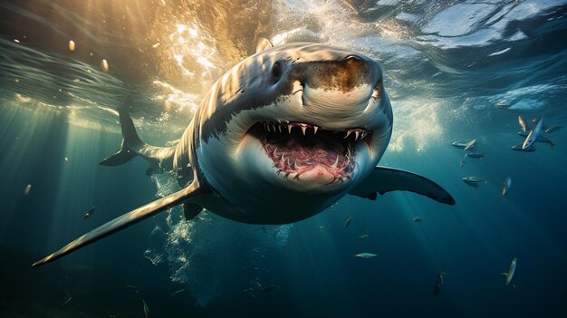 un majestuoso tiburón bajo el agua