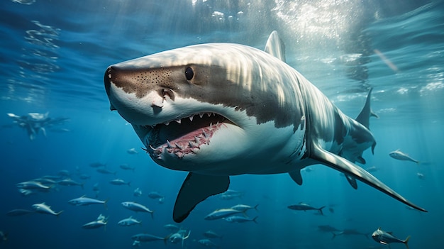 Foto un majestuoso tiburón bajo el agua