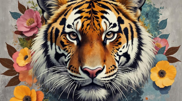 El majestuoso tigre con adornos florales