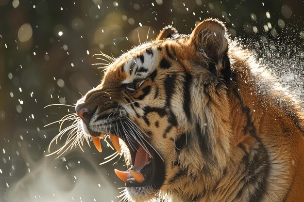 El majestuoso tigre adulto rugiendo con gotas de agua en el aire iluminado por la luz solar en su hábitat natural