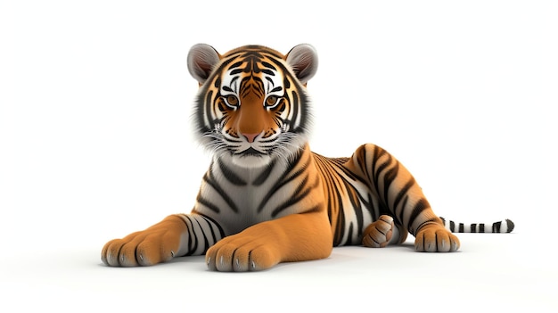 Un majestuoso tigre aislado sobre un fondo blanco El tigre está acostado y mirando a la cámara con una expresión tranquila
