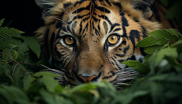 Majestuoso tigre de Bengala escondido en la selva tropical mirando ferozmente generado por inteligencia artificial