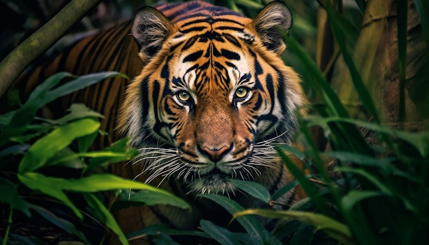 Foto el majestuoso tigre de bengala mira la belleza en la naturaleza especies en peligro de extinción generadas por la ia