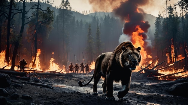 El majestuoso tigre caminando a través del fuego del bosque