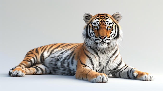 Un majestuoso tigre descansa sobre un fondo blanco la piel del tigre es naranja y negra y sus ojos son de un azul profundo