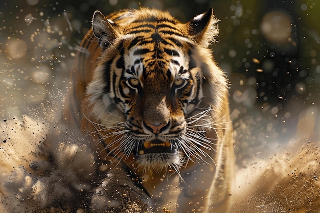 El majestuoso tigre emerge con un efecto dinámico de polvo a la luz del sol