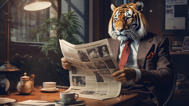 Un majestuoso tigre ha adoptado un comportamiento notablemente humano. Vestido con un traje perfectamente confeccionado, el tigre se sienta con confianza en un escritorio y parece absorto leyendo un periódico minúsculo.